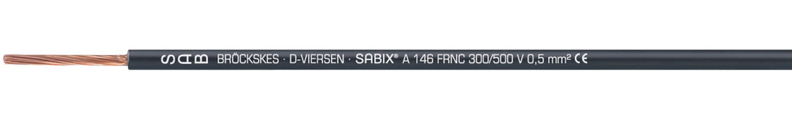 Aufdruck-Beispiel für SABIX® A 146 FRNC 61460150: SAB BRÖCKSKES · D-VIERSEN · SABIX® A 146 FRNC 300/500 V 0,5 mm² CE