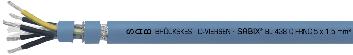 Ejemplo de marcación por SABIX® BL 438 C FRNC 64380515: SAB BRÖCKSKES · D-VIERSEN · SABIX® BL 438 C FRNC 5 x 1,5mm² - IEC 60332-3-22 - 300/500V DNV CE e imprimado cada metro