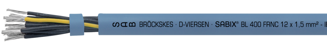 Ejemplo de marcación por SABIX® BL 400 FRNC 64001215: SAB BRÖCKSKES · D-VIERSEN · SABIX® BL 400 FRNC 12 x 1,5mm² - IEC 60332-3-22 - 300/500V DNV CE e imprimado cada metro