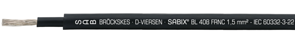 Ejemplo de marcación por SABIX® BL 408 FRNC 64080182: SAB BRÖCKSKES · D-VIERSEN · SABIX® BL 408 FRNC 1,5mm² - IEC 60332-3-22 - 0,6/1kV DNV CE e imprimado cada metro