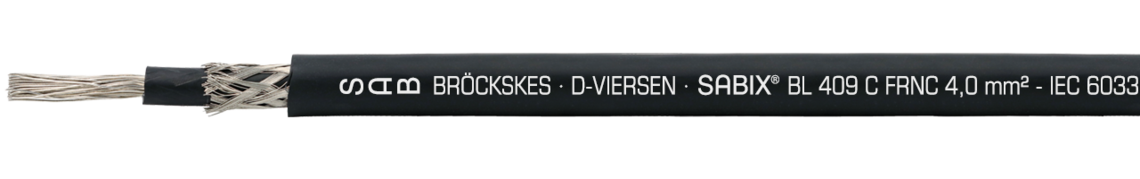 Ejemplo de marcación por SABIX® BL 409 C FRNC 64090186: SAB BRÖCKSKES · D-VIERSEN · SABIX® BL 409 C FRNC 4,0mm² - IEC 60332-3-22 - 0,6/1kV DNV CE e imprimado cada metro