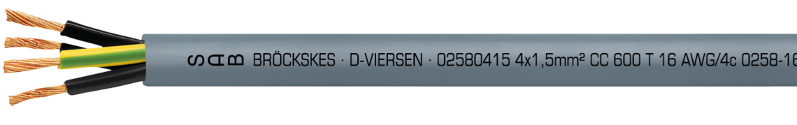 Ejemplo de marcación por CC 600 T 02581840: SAB BRÖCKSKES · D-VIERSEN · 40 x 1,0 mm² CC 600 T 18 AWG/40c 02581840 UL AWM Style 2586 105°C 600V CSA AWM I/II A/B 105°C 600V FT1 FT2 CE