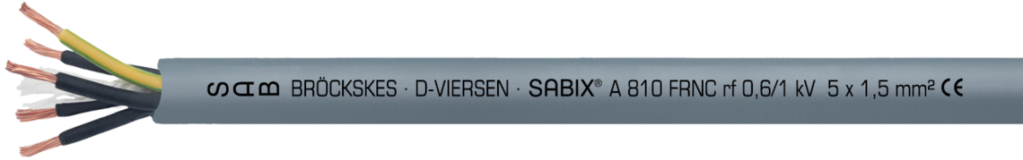 Aufdruck-Beispiel für SABIX® A 810 FRNC 68100515: SAB BRÖCKSKES · D-VIERSEN · SABIX® A 810 FRNC rf 0,6/1 kV  5 x 1,5 mm² CE