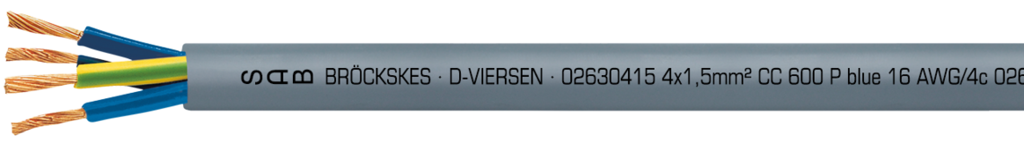 Ejemplo de marcación por CC 600 P blue 02630510: SAB BRÖCKSKES · D-VIERSEN · 02630510 5 x 1,0 mm² CC 600 P blue 18 AWG/5c 02631805 UL AWM Style 21060 80°C 600V CSA AWM I/II A/B 80°C 600V FT1 FT2 CE