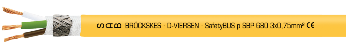 Ejemplo de marcación por SBP 680 06803754: SAB BRÖCKSKES · D-VIERSEN · SafetyBUS p SBP 680 3 x 0,75 mm² CE y marcaje por cada metro desde 1m hasta 999m