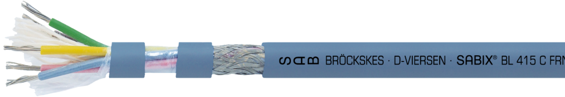 Ejemplo de marcación por SABIX® BL 415 C FRNC 64150750: SAB BRÖCKSKES · D-VIERSEN · SABIX® BL 415 C FRNC 5 x 0,5mm² - IEC 60332-3-22 - 350V DNV CE e imprimado cada metro