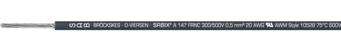 Ejemplo de marcación por SABIX® A 147 FRNC 61470150: SAB BRÖCKSKES · D-VIERSEN · SABIX® A 157 FRNC 450/750V 1,5 mm² 16 AWG UL AWM Style 10528 75°C 1000V CE