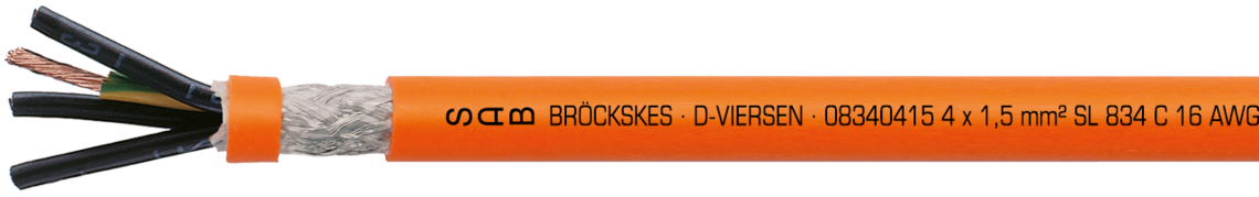 Ejemplo de marcación por SL 834 C 08340415: SAB BBRÖCKSKES · D-VIERSEN · 08340415 4G1,5 mm² SL 834 C 16 AWG/4c 1000V 08341604 DESINA UL AWM Style 20235 80°C CSA AWM I/II A/B 80°C 1000V FT1 FT2 CE