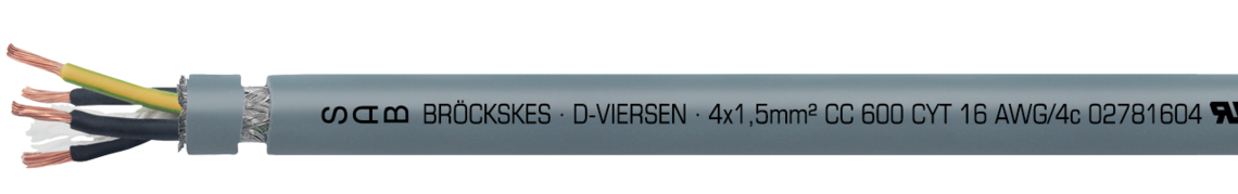 Ejemplo de marcación por CC 600 CY T 02780804: SAB BRÖCKSKES · D-VIERSEN · CC 600 CY T 8 AWG/4c 027808504 UL AWM Style 2586 105°C 600V CSA AWM I/II A/B 105°C 600V FT1 FT2 CE