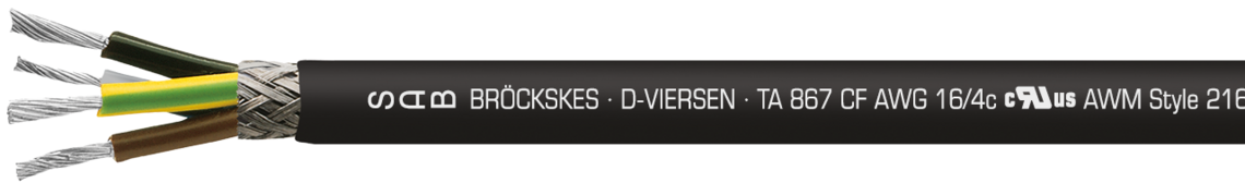 Ejemplo de marcación por TA 867 CF 38670415:
SAB BRÖCKSKES · D-VIERSEN · TA 867 CF AWG 16/4c cULus AWM Style 21618 I/II A/B 150°C 600V FT1 FT2  3867-0415  CE