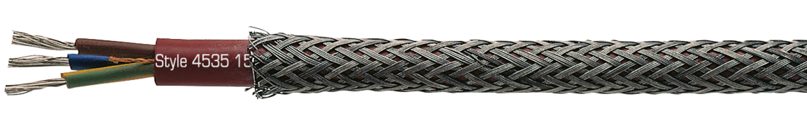 Venas aisladas con Besilen® con armadura de alambres de acero (protección mecánica) y cubierta de Besilen®, aprobación UL/CSA Ejemplo de marcación: SAB BRÖCKSKES · D-VIERSEN · SC 600 HDTR UL AWM Style 4535 150°C 60OV CSA AWM I/II A 150°C 600V FT1 FT2 CE
