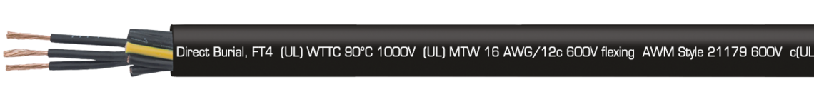 Ejemplo de marcación por TR 600 Auto black 32121625: SAB BRÖCKSKES · D-VIERSEN · TR 600 Auto black 16 AWG/12c 32121625 TFFN (UL) Type TC-ER 90°C 600V, Oil Resistant I, Sunlight Resistant, Direct Burial, FT4 (UL) WTTC 90°C 1000V (UL) MTW 16 AWG/12c 600V flexing AWM Style 21179 600V c(UL) Type CIC 90°C dry 600V FT1 FT2 FT4 CE