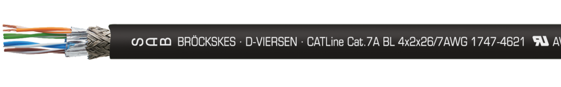 Cable CAT 7A sin halógenos especialmente para aplicación naval Ejemplo de marcación: SAB BRÖCKSKES · D-VIERSEN · Cat.7A BL 4x2x26 AWG 1747-4421 UL AWM Style 21080 75°C 300V CE