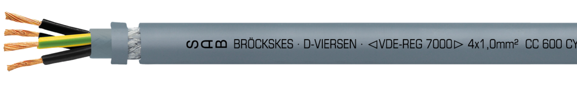 Ejemplo de marcación por CC 600 CY 02591804: SAB BRÖCKSKES · D-VIERSEN · VDE Reg.-Nr. 7000  4 x 1,0 mm² CC 600 CY 18 AWG/4c 02591804 UL AWM Style 21216 90°C Oil 60°C 600V CSA AWM I/II A/B 90°C F 600V FT1 FT2 CE