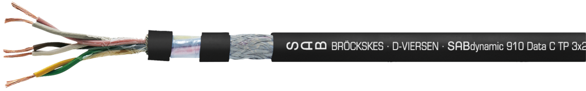 Cable de datos en SABIX®/PUR, duraderamente flexible con cableado en pares, para robots, alimentación robusta, resistente al aceite y fignífugo con conductores colorados y pantalla general de cobre Ejemplo de marcatura:
SAB BRÖCKSKES · D-VIERSEN · SABdynamic 910 Data 3x2x0,34mm² cULus AWM Style 20233 AWM I/II A/B 80°C 300V FT1 FT2 0911-0303 CE
