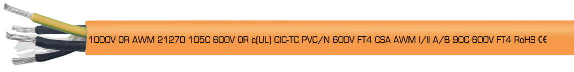 Ejemplo de marcación por TR 600 HD 32301604:
SAB NORTH AMERICA TR 600 HD 16 AWG 4c P/N 32301604 (UL) TC-ER 90C DRY 75C WET 600V OIL RES I/II SUN RES DIR BUR OR WTTC
1000V OR AWM 21270 105C 600V OR c(UL) CIC-TC PVC/N 600V FT4 CSA AWM I/II A/B 90C 600V FT4 RoHS CE