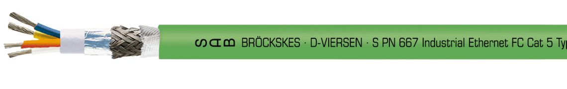 Ejemplo de marcación por S PN 667: SAB BRÖCKSKES · D-VIERSEN · S PN 667 Industrial Ethernet FC Cat 5 Typ C 2x2x22 AWG UL AWM Style 21198 80°C 300V CSA AWM I/II A/B 80°C 300V FT2 CE