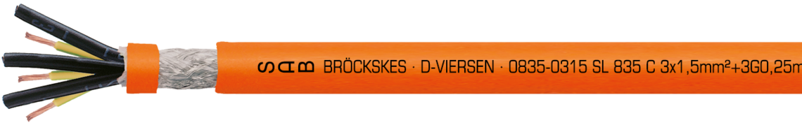 Ejemplo de marcación: SAB BRÖCKSKES · D-VIERSEN · 0835-0315 SL 835 C 3x1,5mm²+3G0,25mm² cULus AWM Style 21223 I/II A/B 80°C 1000V FT1 FT2 E172204 CE