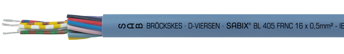 Ejemplo de marcación por SABIX® BL 405 FRNC 64051650: SAB BRÖCKSKES · D-VIERSEN · SABIX® BL 405 FRNC 16 x 0,5mm² - IEC 60332-3-22 - 350V DNV CE e imprimado cada metro
