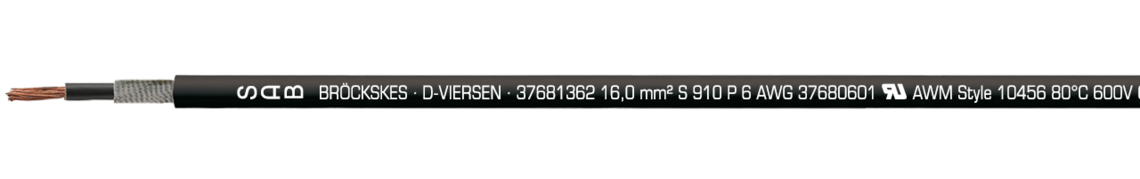 Ejemplo de marcación por S 910 P 37681362: SAB BRÖCKSKES · D-VIERSEN · 37681362 16,0 mm² S 910 P 6 AWG 37680601 UL AWM Style 10456 80°C 600V CSA AWM I/II A/B 80°C 1000V FT1 FT2 CE