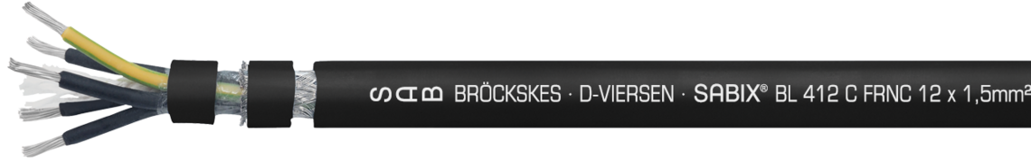 Ejemplo de marcación por SABIX® BL 412 C FRNC 64121215: SAB BRÖCKSKES · D-VIERSEN · SABIX® BL 412 C FRNC 12 x 1,5mm² - IEC 60332-3-22 - 0,6/1kV DNV CE e imprimado cada metro
