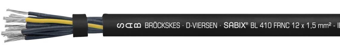 Ejemplo de marcación por SABIX® BL 410 FRNC 64101215: SAB BRÖCKSKES · D-VIERSEN · SABIX® BL 410 FRNC 12 x 1,5mm² - IEC 60332-3-22 - 0,6/1kV DNV CE e imprimado cada metro
