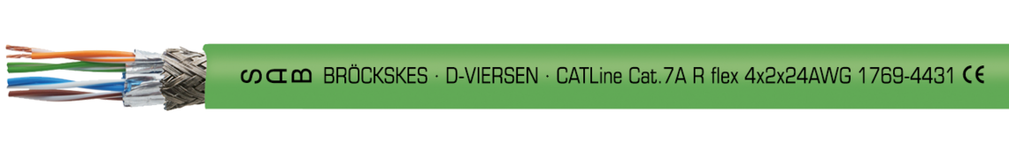 Ejemplo de marcación por CATLine CAT 7 A R flex 17694431: SAB BRÖCKSKES · D-VIERSEN · CATLINE Cat.7 A R flex 4x2x24AWG 1769-4431  CE
