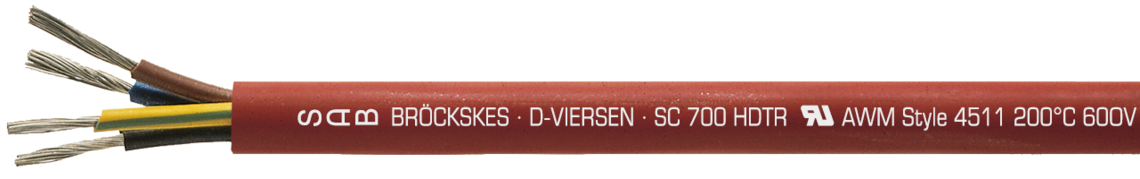 Ejemplo de marcación por SC 700 HDTR 01250410:SAB BRÖCKSKES · D-VIERSEN · SC 700 HDTR UL AWM Style 4511 200°C 60OV cUL AWM I/II A/B 200°C 600V FT1 FT2 CE