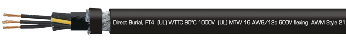 Ejemplo de marcación por TR 600 Auto CY black 32261612: SAB BRÖCKSKES · D-VIERSEN · TR 600 Auto CY black 16 AWG/12c 32261612 TFFN (UL) Type TC-ER 90°C 600V, Oil Resistant I, Sunlight Resistant, Direct Burial, FT4 (UL) WTTC 90°C 1000V (UL) MTW 16 AWG/12c 600V flexing AWM Style 21179 600V c(UL) Type CIC SHIELDED 90°C dry 600V FT1 FT2 FT4 CE