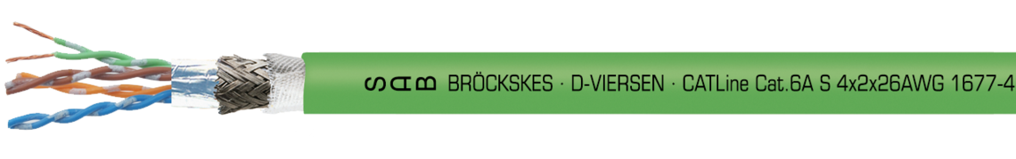 Ejemplo de marcación por CATLine CAT 6A S: SAB BRÖCKSKES · D-VIERSEN · CATLine Cat.6A S 4x2x26AWG 1677-4631 UL AWM Style 20549 80°C 300V CSA AWM I/II A/B 80°C 300V FT2 CE