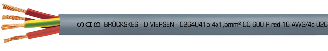 Ejemplo de marcación por CC 600 P red 02640510: SAB BRÖCKSKES · D-VIERSEN · 02640510 5 x 1,0 mm² CC 600 P red 18 AWG/5c 02641805 UL AWM Style 21060 80°C 600V CSA AWM I/II A/B 80°C 600V FT1 FT2 CE