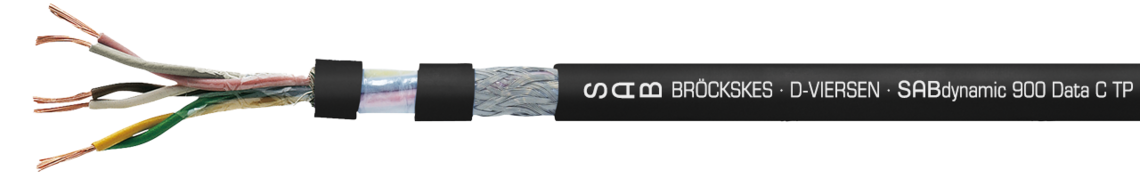 Cable de datos en SABIX®/PUR, duraderamente flexible con cableado en pares, alimentación robusta, resistente al aceite y fignífugo con conductores colorados y pantalla general de cobre Ejemplo de marcatura:
SAB BRÖCKSKES · D-VIERSEN · SABdynamic 900 Data 3x2x0,34mm² cULus AWM Style 20233 AWM I/II A/B 80°C 300V FT1 FT2 0901-0303 CE