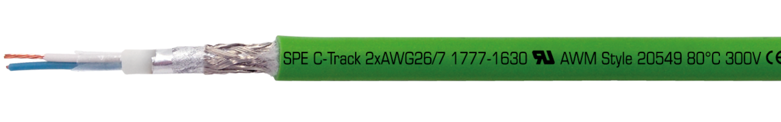 Ejemplo de marcación por CATLine SPE C-Track: SAB BRÖCKSKES · D-VIERSEN · CATLine SPE C-Track 2xAWG26/7 1777-1630 UL AWM Style 20549 80°C 300V CE