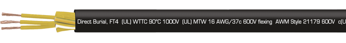 Ejemplo de marcación por TR 600 yellow 02901637: SAB BRÖCKSKES · D-VIERSEN · TR 600 yellow 16 AWG/12c 02901612 TFFN (UL) Type TC-ER 90°C 600V, Oil Resistant I, Sunlight Resistant, Direct Burial, FT4 (UL) WTTC 90°C 1000V (UL) MTW 16 AWG/37c 600V flexing AWM Style 21179 600V c(UL) Type CIC 90°C dry 600V FT1 FT2 FT4 CE