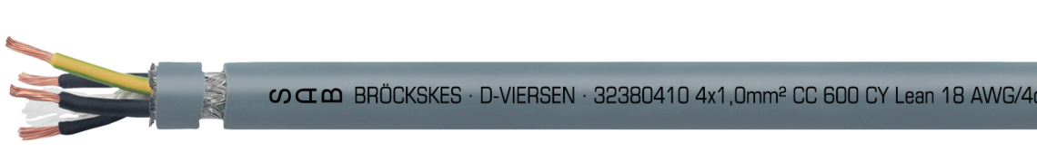 Ejemplo de marcación por CC 600 CY Lean 32381804: SAB BRÖCKSKES · D-VIERSEN · 4 x 1,0 mm² CC 600 CY Lean 18 AWG/4c 32381804 VDE-Reg.-Nr. 7000 UL AWM Style 21216 90°C Oil 60°C 600V CSA AWM I/II A/B 90° 600V FT1 FT2 CE